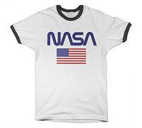 Nasa Offizielles Lizenzprodukt Old Glory Ringer Herren T-Shirt (Weiß-Schwarz), M