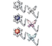 Nasenstecker L-Form Schmetterling Blume Zirkonia Silber, 6 Stück