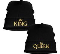 Nashville print factory Strickmütze Leisure Beanie Bestickt mit Motiv Krone/King/Queen in Goldener Schrift Stickerei Partner-Mütze für Sie & Ihn (King & Queen)