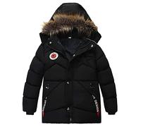 Natashas Baby Jungen Winter Mantel Kinder Kapuzenjacke mit Kunstfell Winterjacke Flaum gefüttert Warm Jungen Baumwolljacke 2-5 Jahre（Schwarz, 98）