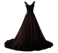NaTengs Damen Applikation Gothic Brautkleid V-Ausschnitt A-Linie Brautkleid mit Schleppe Burgunderrot