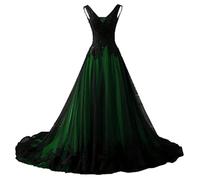 NaTengs Damen Applikation Gothic Brautkleid V-Ausschnitt A-Linie Brautkleid mit Schleppe Dunkelgrün