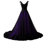 NaTengs Damen Applikation Gothic Brautkleid V-Ausschnitt A-Linie Brautkleid mit Schleppe Dunkelviolett