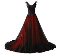 NaTengs Damen Applikation Gothic Brautkleid V-Ausschnitt A-Linie Brautkleid mit Schleppe, rot, 46