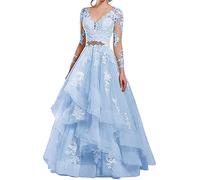 NaTengs Damen durchsichtig Langarm Applique Brautkleid V Ausschnitt Brautkleid, hellblau, 34