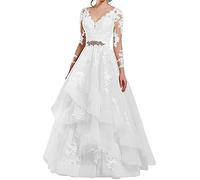 NaTengs Damen durchsichtig Langarm Applique Brautkleid V Ausschnitt Brautkleid, weiß, 42