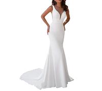 NaTengs Damen V-Ausschnitt Meerjungfrau Hochzeitskleider Ärmellos Slim Lang Brautkleid, weiß, 34