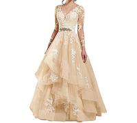 NaTengs Durchsichtiges Brautkleid für Damen, langärmelig, V-Ausschnitt, Brautkleid, Champagner, 44