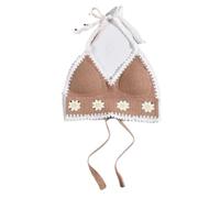 National Style Women Swimwear Top with Chest Pads Beach Wear Outfit Crochet Hanging Neck Summer Sling Vacation(Flower-Brown)
