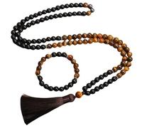 Natürliche 108 Mala-Perlen-Knotenkette Für Männer Und Frauen, Schwarzes Onyx-Tigerauge-Armband, Lange Halskette Mit Handgeknüpfter Quaste, Gebet, Spiritueller Schmuck, Geschenke, Armband + Halsk