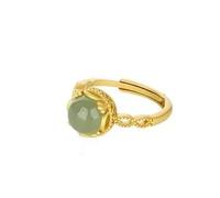 Natürliche Feng Shui grüne Hetian-Jade für Damen, echter Öffnungsring, ölgrüne runde Perlen, S925-Silber, vergoldet