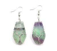 Natürliche Grüne Fluorit-Tropfenohrringe Mit Drahtwickel, Baum des Lebens, Schildform, Anhänger, Baumelnde Hakenohrringe, Kristall-Chakra-Schmuck, Geschenk Für Mädchen, Mutter, Ehefrau