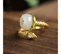 Natürliche Hetian Jade Open Ring Chinesischer Stil Retro einzigartiger Alter Goldhandwerk Charme Damen Silber Schmuck (Gem Color : White, Ring Size : Resizable)