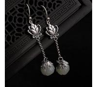 Natürliche Hetian White Jade Lotus Lange Ohrringe Chinesische Retro Leichte Charme Frauen Silber Schmuck (Gem Color : White)