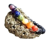 Natürliches 7-Chakra- und Lavastein-Armband mit 8 mm großen, glatt geschliffenen Perlen, runder Form, mehrfarbig, 18 cm langes, dehnbares Armband, Unisex-Geschenk & Glücksbringer | L_STBC_00081_7