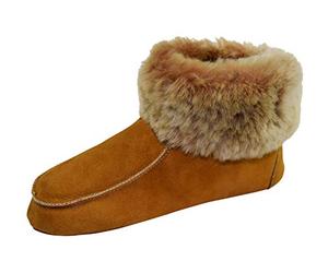 Naturasan Lammfell-Hüttenschuhe Damen Hausschuhe/Mokassin mit Ledersohle (42, Cognac/beige)