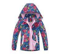 NATUST Mädchen Gefütterte Regenjacke Kinder Winddicht Übergangsjacke Jungen Warm Atmungsaktiv Softshelljacke mit Abtrennbare Kapuze Blumendruck Blau 146-152/150