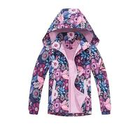 NATUST Mädchen Gefütterte Regenjacke Kinder Winddicht Übergangsjacke Jungen Warm Atmungsaktiv Softshelljacke mit Abtrennbare Kapuze 3D Blumendruck 116-122/120