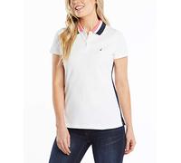 Nautica Damen Classic Fit Striped V-Neck Collar Stretch Cotton Polo Shirt Polohemd, Weiß Marineblau, Klein