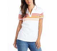 Nautica Damen Classic Fit Striped V-Neck Collar Stretch Cotton Polo Shirt Poloshirt, Hibiskus, Mittel
