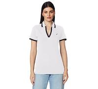 Nautica Damen Klassisches Stretch-Baumwolle mit V-Ausschnitt und Streifen Poloshirt, Bright White, Mittel