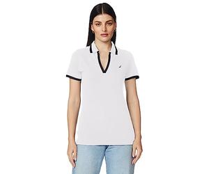 Nautica Damen Klassisches Stretch-Baumwolle mit V-Ausschnitt und Streifen Poloshirt, Bright White, Mittel