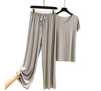 NAUXIU Soft Comfortable Ice Silk Short Sleeve T-Shirt Two Piece Set Loose Wide-Leg Pants,Womens Wide Legs Casual Loose Yoga Sports Pants Home Casual Pants,Womens Pajama Sets,Suitable for Daily Wear
