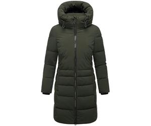 Navahoo Damen Langer Wintermantel warmer Steppmantel mit hohem Kragen und zur Hälfte kuscheligem Fleece-Innenfutter Mondnebel XIV Dark Olive Gr. 4XL