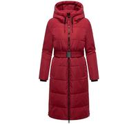 Navahoo Damen Langer Wintermantel warmer Steppmantel mit Kapuze und Taillengürtel Herbstnebel 14 Dark Red Gr. M