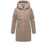 Navahoo Damen Mantel lange Übergangsjacke Kurzmantel in Wolloptik mit Kapuze und (abnehmbarem) Stepp-Einsatz Flauschwunder 14 Taupe Grey Gr. S