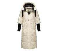 Navahoo Damen langer Wintermantel warmer Steppmantel mit Kapuze und Rippstrickärmeln Ciao Miau XIV Offwhite Gr. L