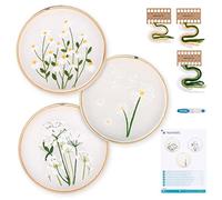 Navaris Garn Blumen DIY 3er Stickset - 3x Stickerei Set für Anfänger - Stickrahmen mit transparentem Blumen Design vorgedruckt - Stick Sets Vorlage