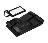 Navaris Kreuzkoffergurt mit TSA Zahlenschloss und Adressanhänger - Koffergurt mit Schloss und Namensschild - Reise-Sicherheitsset für Koffer - Schwarz