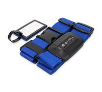 Navaris Kreuzkoffergurt mit TSA Zahlenschloss und Adressanhänger - Koffergurt mit Schloss und Namensschild - Reise-Sicherheitsset für Koffer - Blau