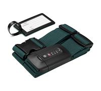 Navaris Kreuzkoffergurt mit TSA Zahlenschloss und Adressanhänger - Koffergurt mit Schloss und Namensschild - Reise-Sicherheitsset für Koffer - Grün