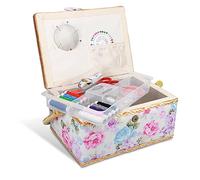 Navaris Nähkasten Nähkästchen Nähkoffer für Handarbeit - Korb mit praktischem Tragegriff - Handarbeitskorb inkl. Nähzubehör - Rosen Design