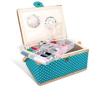 Navaris Nähkasten Nähkästchen Nähkoffer für Handarbeit - Korb mit praktischem Tragegriff - Handarbeitskorb inkl. Nähzubehör - Punkte Design