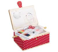 Navaris Nähkasten Nähkästchen Nähkoffer für Handarbeit - Korb mit praktischem Tragegriff - Handarbeitskorb inkl. Nähzubehör - Punkte Rot Design