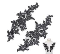 NBEADS 2 Stk. 3D Spitze Applique Patches, 32x11cm Aufnähen Stickerei BLUMENNn Patches Floral Motiv Perlen Spitze Trim Stoff Peal Appliques für Nähen Hochzeit Braut Kleid Schuhe Dekor, Schwarz