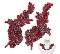 NBEADS 2 Stück Strass Schärpen Aufnäher, 19.8x9.8cm 3D Blumenapplikation Mit Perlen Zum Aufnähen Kristallverzierung Für Brautgürtel Abendkleid Abschlussstola, Dunkelrot