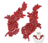 NBEADS 2 Stück Strass Schärpen Aufnäher, 19.8x9.8cm 3D Blumenapplikation Mit Perlen Zum Aufnähen Kristallverzierung Für Brautgürtel Abendkleid Abschlussstola, Rot