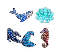 NBEADS 4 Stück 4 Stile Ozeantiere Bestickte Strassapplikation, Ozean Leben Muschel Seestern Aufnäher Stickerei Patches Für DIY Handwerk Party Kleid Kostüm Jeans Schuhe Tasche Hut Dekor