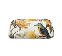 NBSKSDLK Kosmetiktasche mit gelben Blumen und Vögeln für Damen und Herren, Federmäppchen, Reise-Kosmetiktasche, Kulturbeutel, ästhetische Stifttasche, trendige Aufbewahrungstasche, Leder, Münztasche