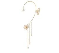 NBZZ Schmetterling Quaste Ohrringe Glänzender Zirkon-Schmetterlings-Ohrclips Lange Blumen-Quasten-Ohrringe Frauen Ohr Knochen Clip Kein Piercing Ohrclip (linkes Ohr-Gold)