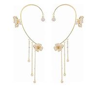 NBZZ Schmetterling Quaste Ohrringe Glänzender Zirkon-Schmetterlings-Ohrclips Lange Blumen-Quasten-Ohrringe Frauen Ohr Knochen Clip Kein Piercing Ohrclip (Gold-2pcs)