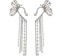 NBZZ Schmetterling Quaste Ohrringe Glänzender Zirkon-Schmetterlings-Ohrclips Lange Blumen-Quasten-Ohrringe Frauen Ohr Knochen Clip Kein Piercing Ohrclip (06-1pairs)
