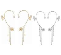 NBZZ Schmetterling Quaste Ohrringe Glänzender Zirkon-Schmetterlings-Ohrclips Lange Blumen-Quasten-Ohrringe Frauen Ohr Knochen Clip Kein Piercing Ohrclip (Gold+Silber-2 pairs)