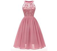 NCQiFei Damen Kleid Sommer Elegant Kleider Spitzenkleid Knielang Festlich Hochzeit Partykleid Rockabilly Retro Cocktailkleid Sommerkleid Ärmellos Großes Pendel Lose Langes Dress (Rosa, L)