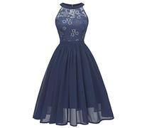 NCQiFei Damen Spitzenkleid Brautjungfer Elegant Party Knielang Cocktailkleid Chiffon Abendkleider Cocktailkleider Ärmellos Rund Ausschnitt aus Spitzen Knielange Rockabilly Ballkleid (Marine, XL)