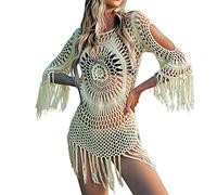 NCQiFei Strandkleid Damen Bikini Cover Up Fransen Lochmuster Mini Kleid Sexy Cutout Beach Crochet Cover Up Gestrickte Sommer Strandponcho Strandurlaub Badeanzug Bikini Cover-Ups (B-Beige, One Size)